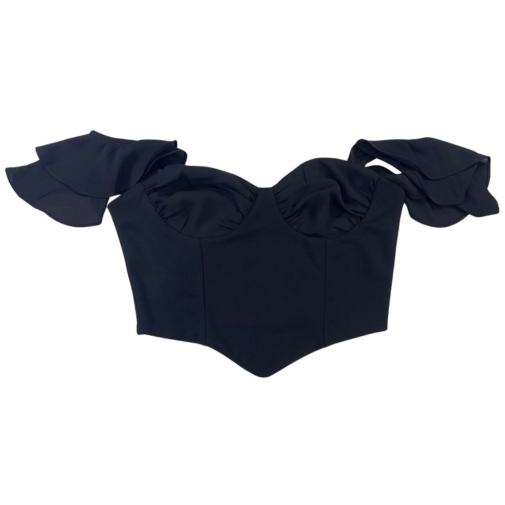 Forever 21 Black Crop Top L Large Corset Bustier‎ Ruffle Sleeve Party Club